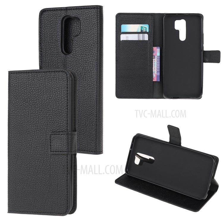 Litchi Skin Wallet Stand Cell Phone Leather Shell for Xiaomi Redmi 9 - Black-1