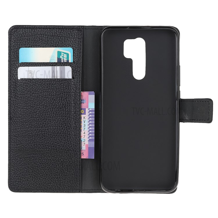 Litchi Skin Wallet Stand Cell Phone Leather Shell for Xiaomi Redmi 9 - Black-5