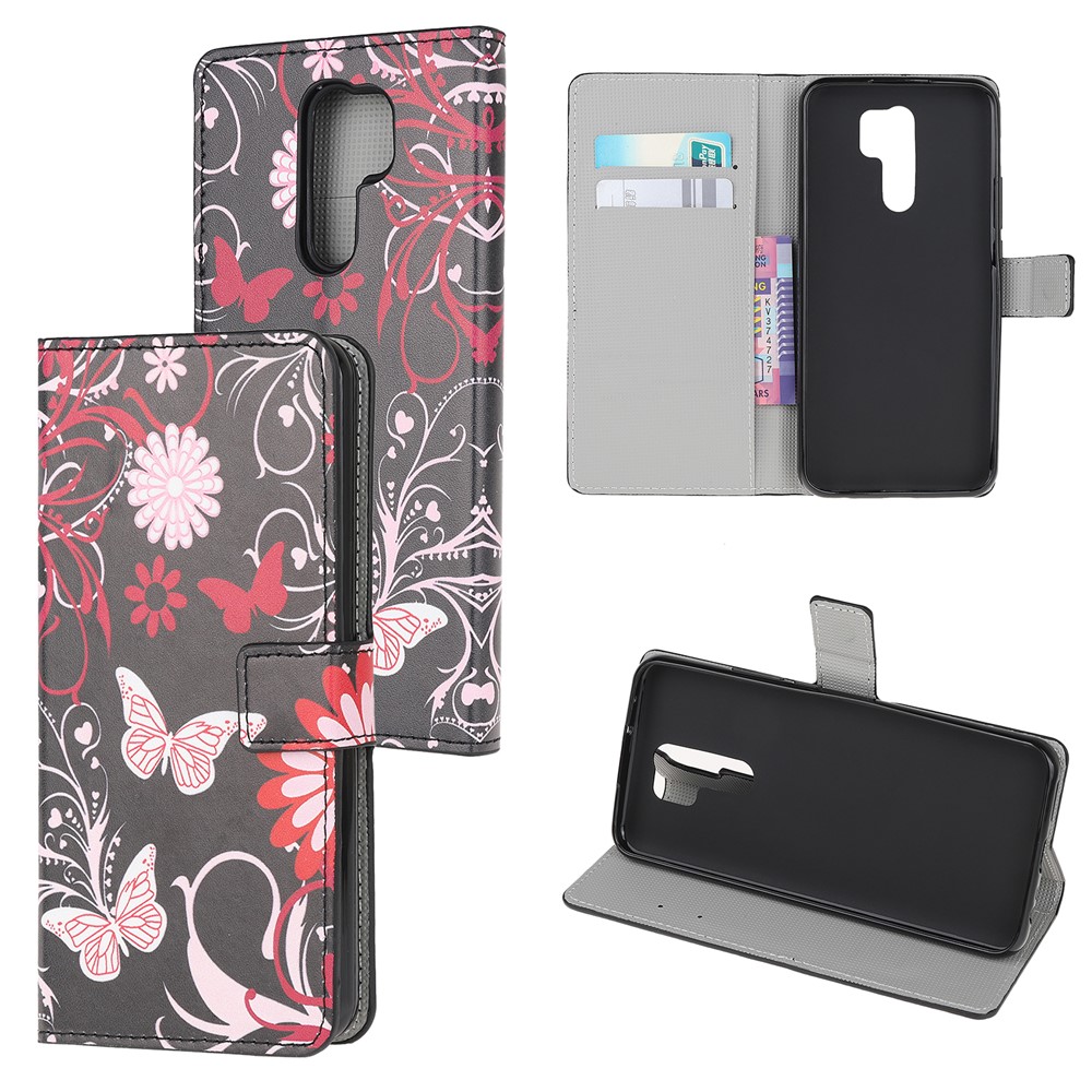 Pattern Printing Leather Wallet Case for Xiaomi Redmi 9 - Butterfly and Flowers-1