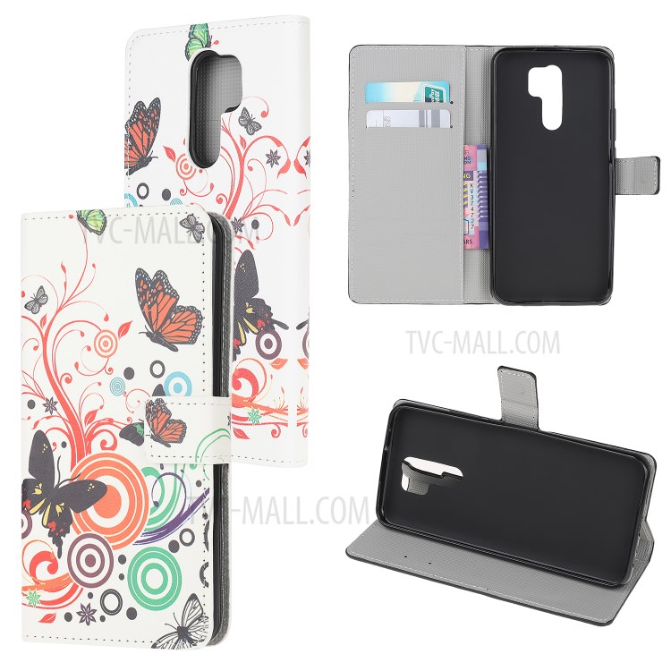 Pattern Printing Leather Wallet Case for Xiaomi Redmi 9 - Butterfly Circles-1