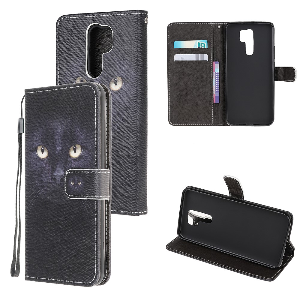 Padrão De Impressão Tampa Do Telefone Carteira De Couro Textura Cruz Com Alça Para Xiaomi Redmi 9 - Olhos De Gato-1