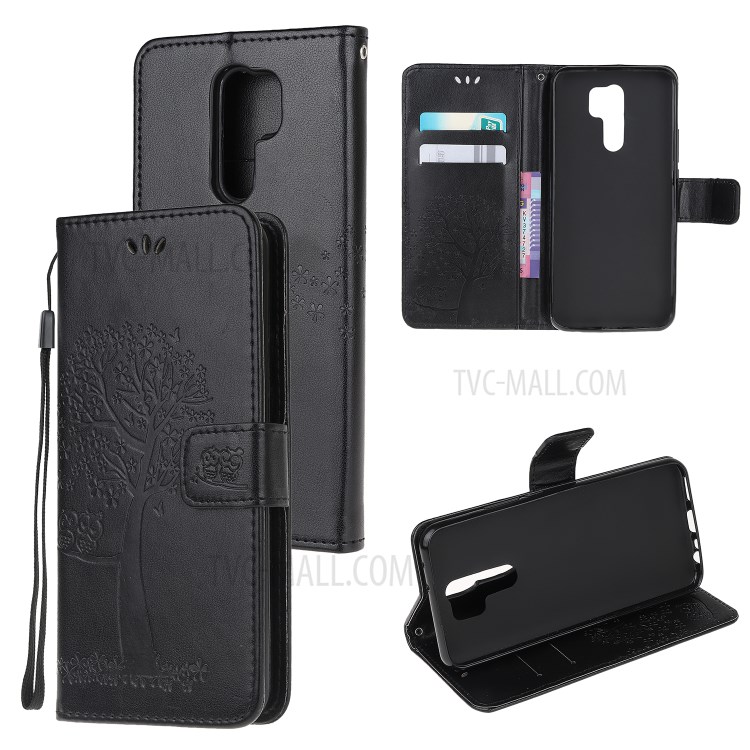 Imprint Tree Owl Wallet Leather Case for Xiaomi Redmi 9 - Black-1