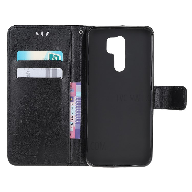 Imprint Tree Owl Wallet Leather Case for Xiaomi Redmi 9 - Black-5