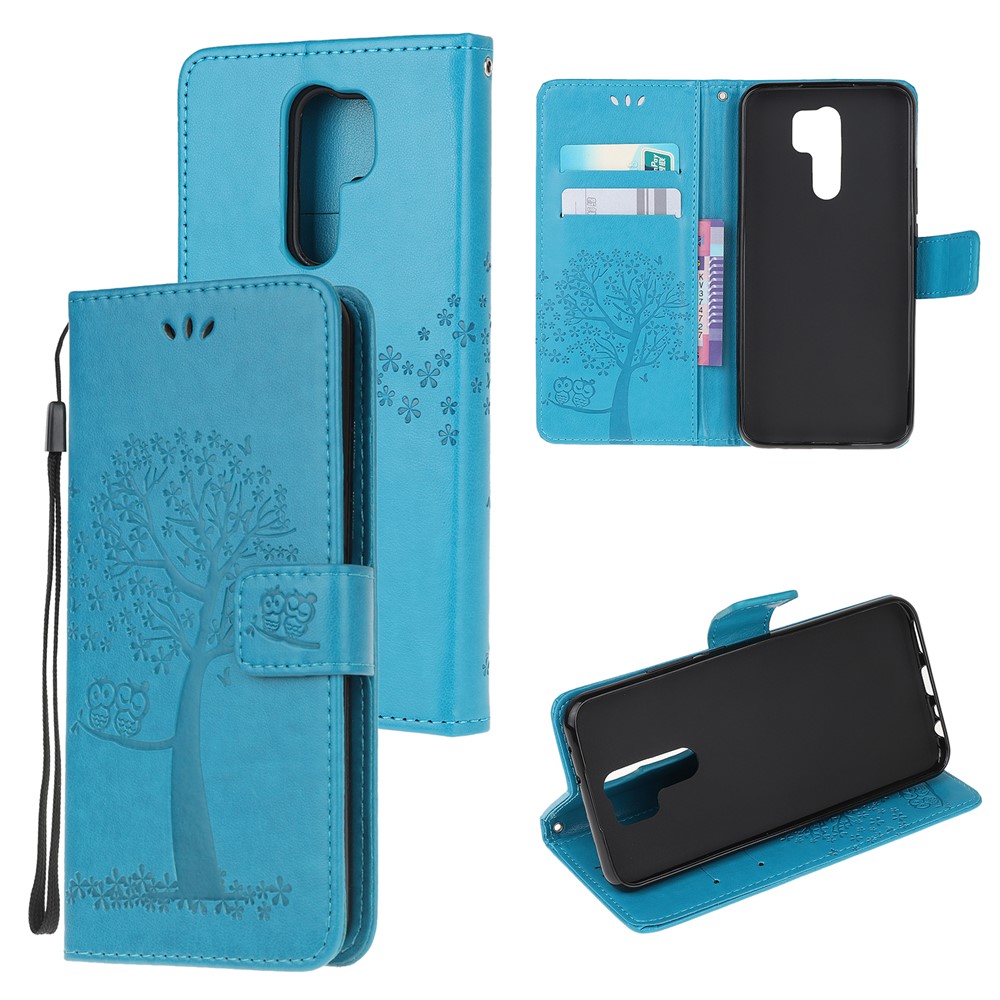 Imprint Tree Owl Wallet Leather Case for Xiaomi Redmi 9 - Blue-1