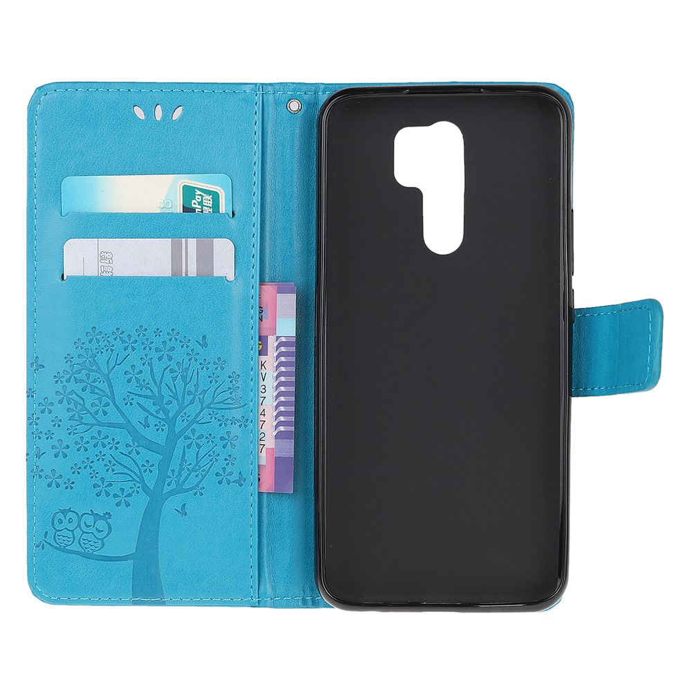 Imprint Tree Owl Wallet Leather Case for Xiaomi Redmi 9 - Blue-5