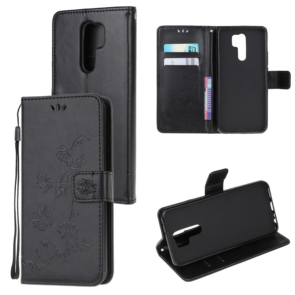 Borboleta Flor Capa De Couro Carteira Marca Para Xiaomi Redmi 9 - Preto-1