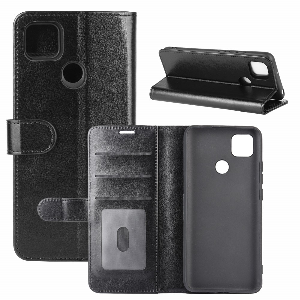 Crazy Horse Leather Wallet Stand Protective Cover for Xiaomi Redmi 9C - Black-1