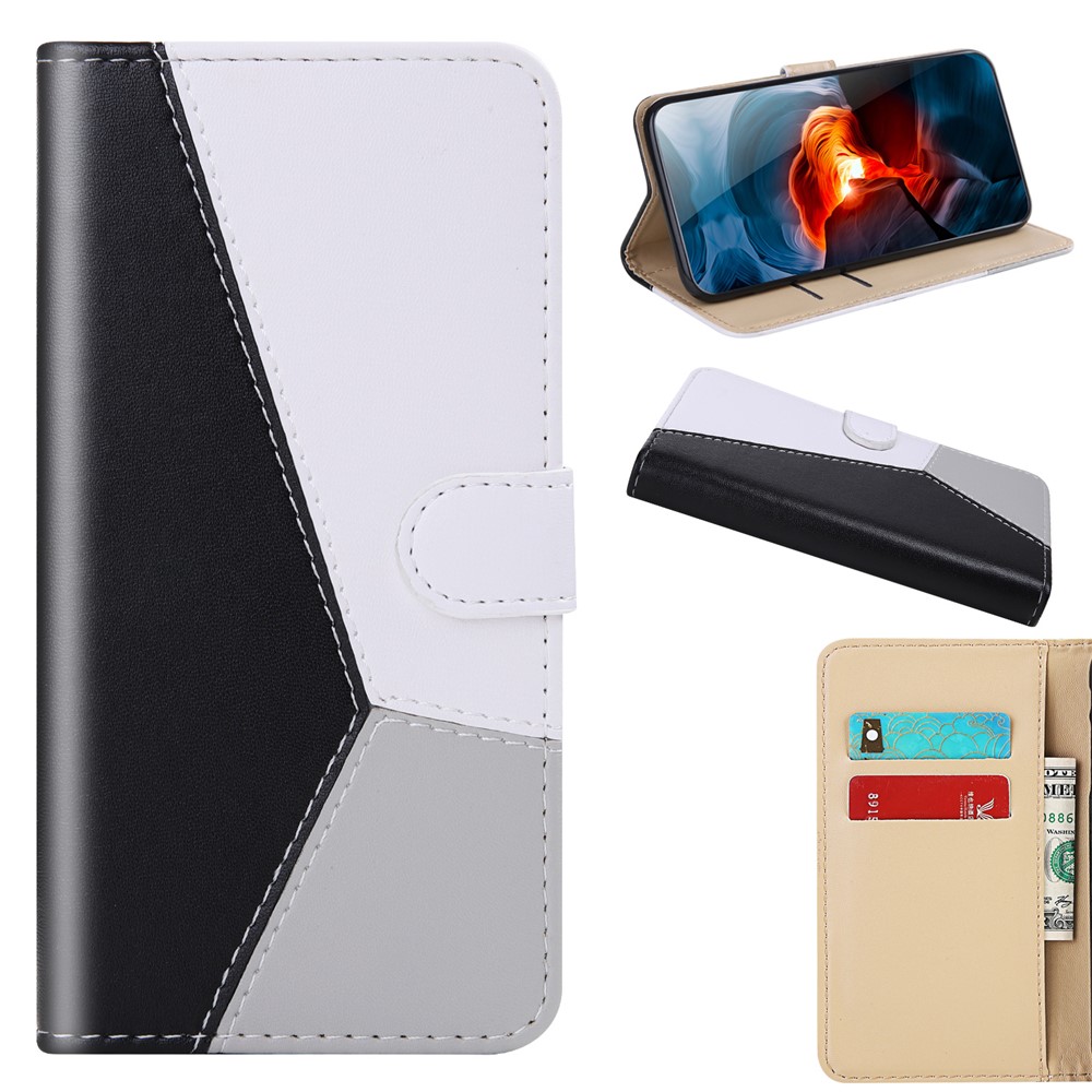 Tri-color PU Leather with Wallet Cover for Xiaomi Redmi 9 - Black/White/Grey-1