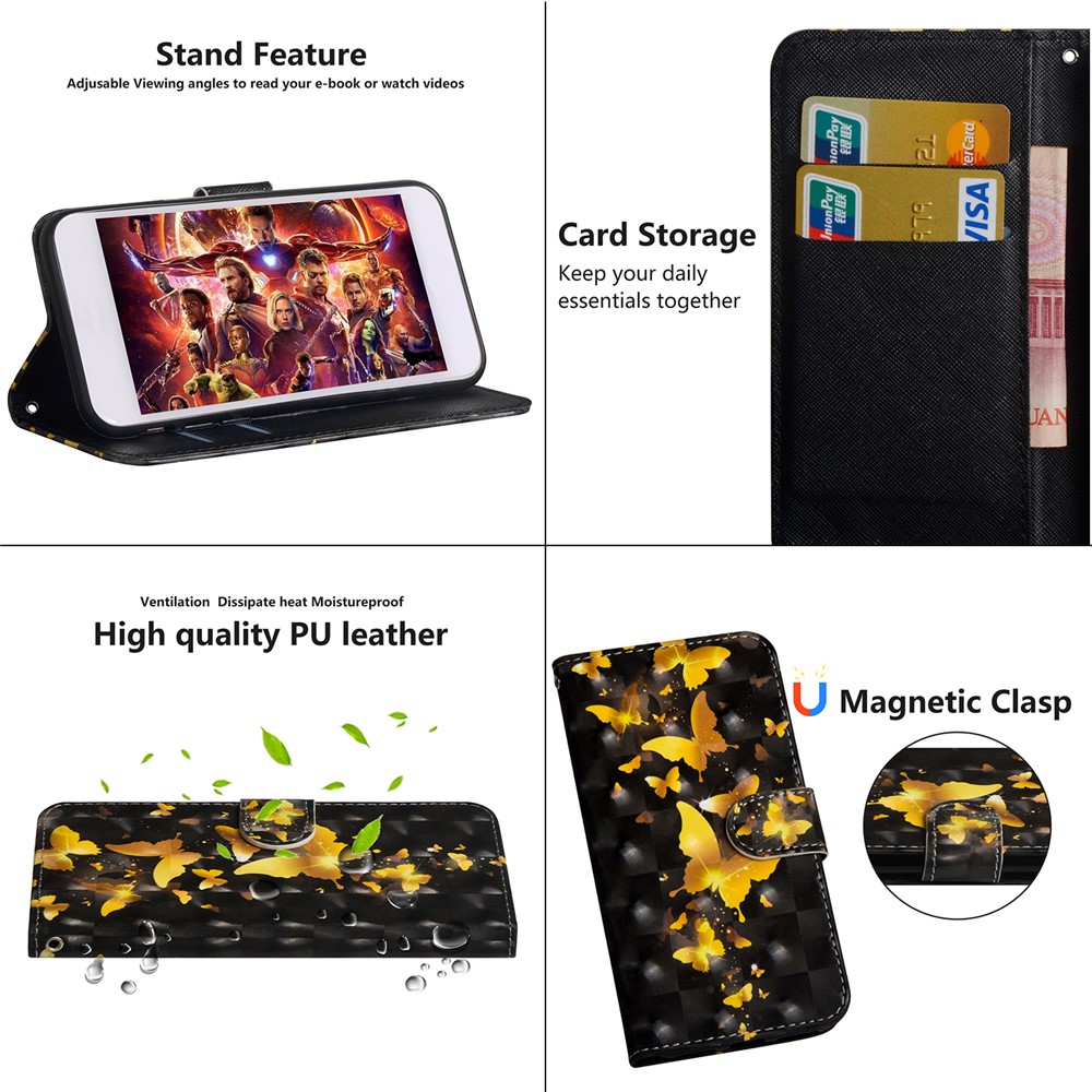 Light Spot Decor Pattern Printing Wallet Stand Leather Shell with Strap for Xiaomi Redmi 9C - Gold Butterfly-6