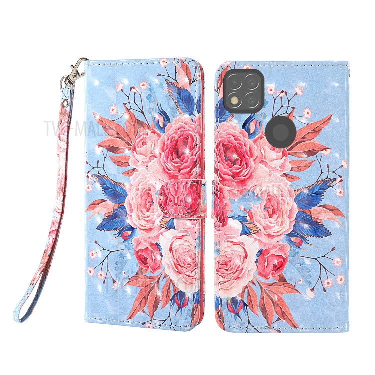 Light Spot Decor Pattern Printing Wallet Stand Leather Phone Cover with Strap for Xiaomi Redmi 9C - Peony-1
