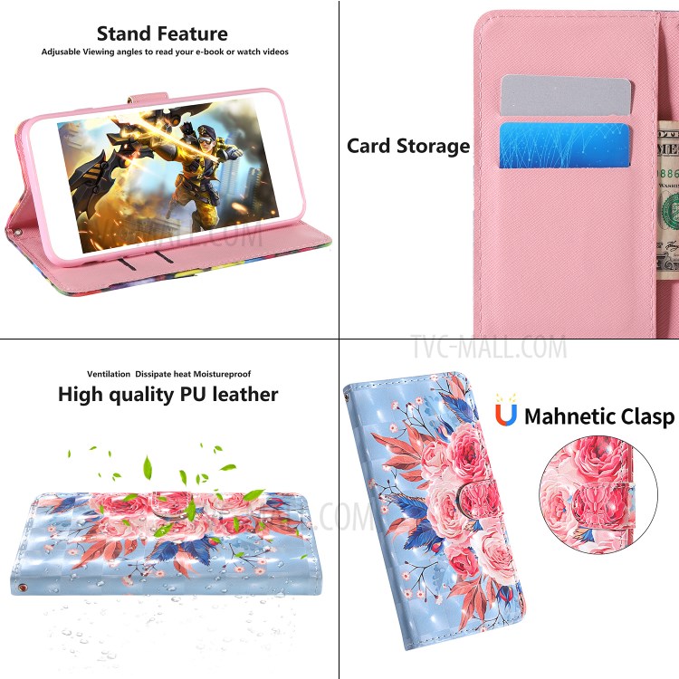 Light Spot Decor Pattern Printing Wallet Stand Leather Phone Cover with Strap for Xiaomi Redmi 9C - Peony-10
