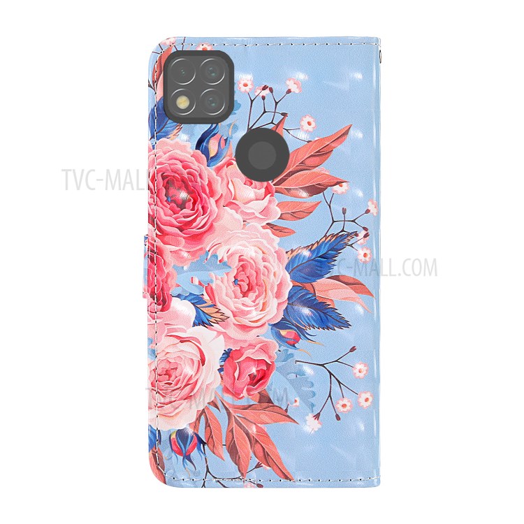 Light Spot Decor Pattern Printing Wallet Stand Leather Phone Cover with Strap for Xiaomi Redmi 9C - Peony-2