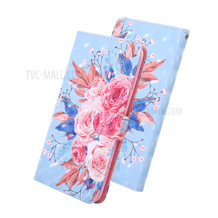 Light Spot Decor Pattern Printing Wallet Stand Leather Phone Cover with Strap for Xiaomi Redmi 9C - Peony-9
