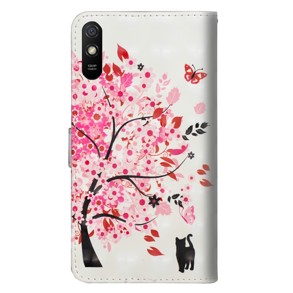 Light Spot Decor Pattern Printing Wallet Stand Leather Shell with Strap for Xiaomi Redmi 9A - Flower Tree-3