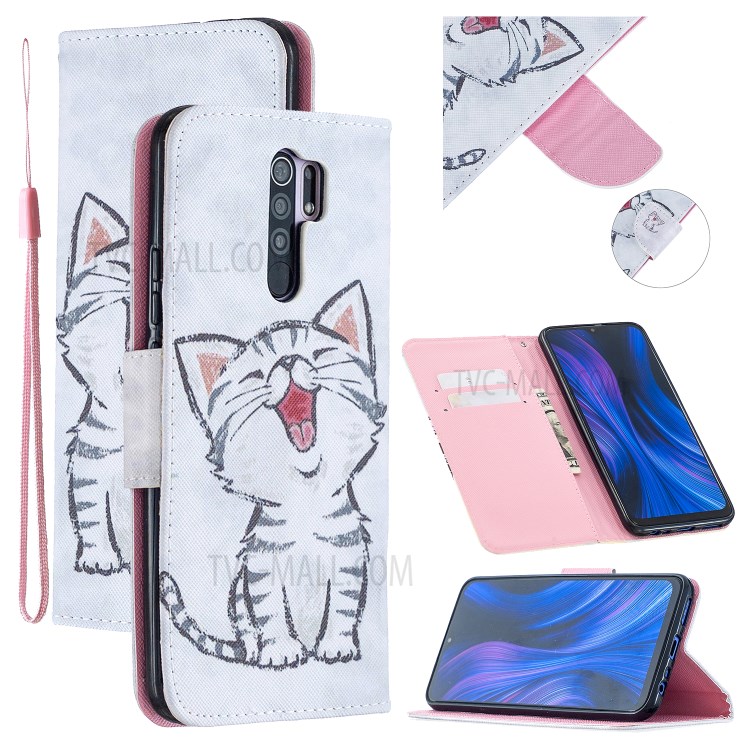 Pattern Printing Cell Phone Leather Wallet Case for Xiaomi Redmi 9 - Happy Cat-1
