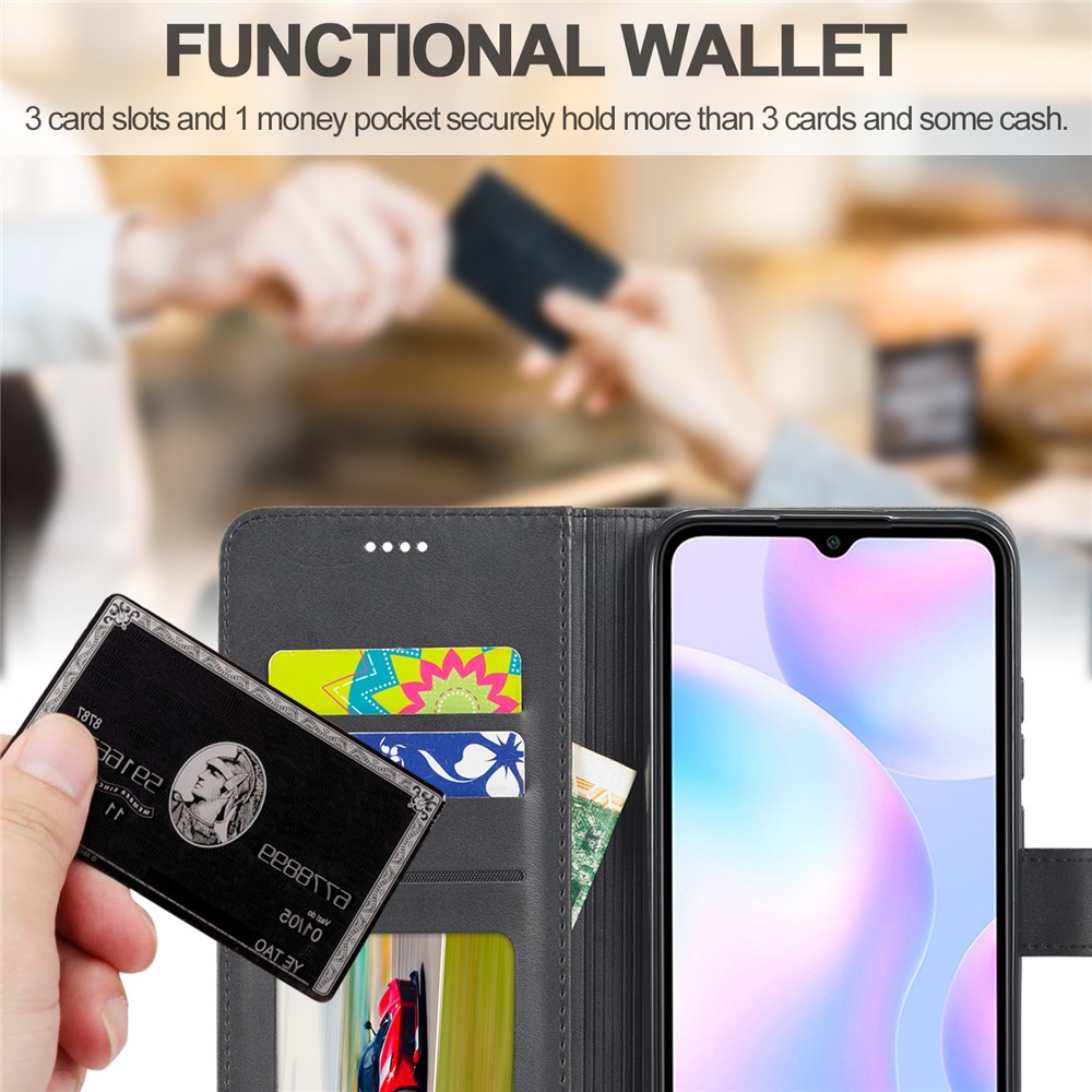 Lc. Imeeke Wallet Stand Кожаный Мобильный Телефон Для Xiaomi Redmi 9a - Черный