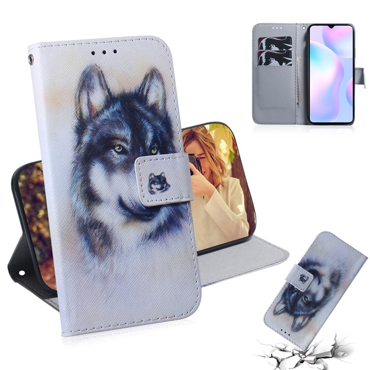 Musterdruck PU Leder Brieftasche Hülle Für Xiaomi Redmi 9A - Wolf