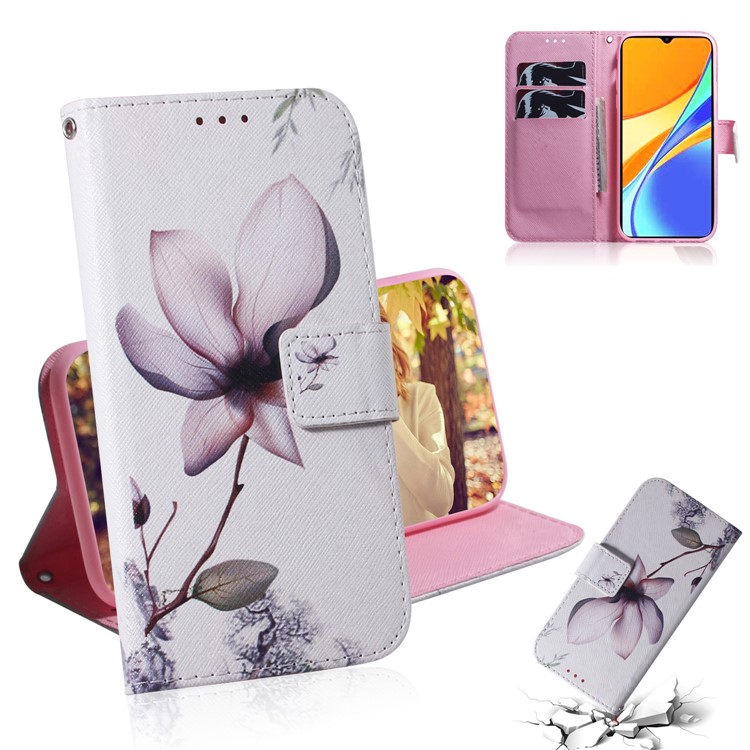 Pattern Printing PU Leather Wallet Cover Stand Case for Xiaomi Redmi 9C - Beautiful Flower-1