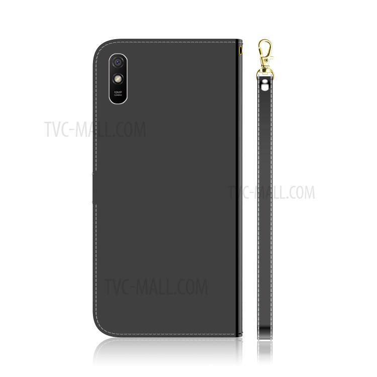 Mirror Surface Leather Wallet Cover with Strap for Xiaomi Redmi 9A - Black-3