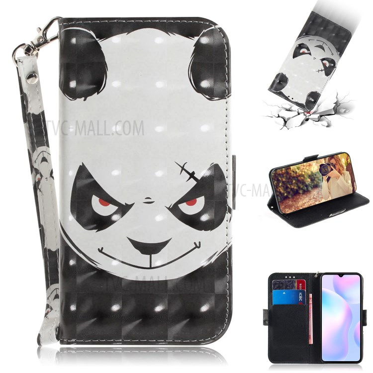 Pattern Printing Light Spot Decor Leather Wallet Casing with Lanyard for Xiaomi Redmi 9A - Panda-1