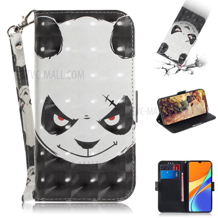 Pattern Printing Light Spot Decor Leather Wallet Casing with Lanyard for Xiaomi Redmi 9C - Panda-1