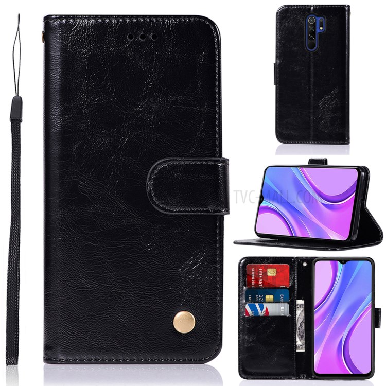 Premium Vintage Leather Wallet Stand Case for Xiaomi Redmi 9 - Black-1