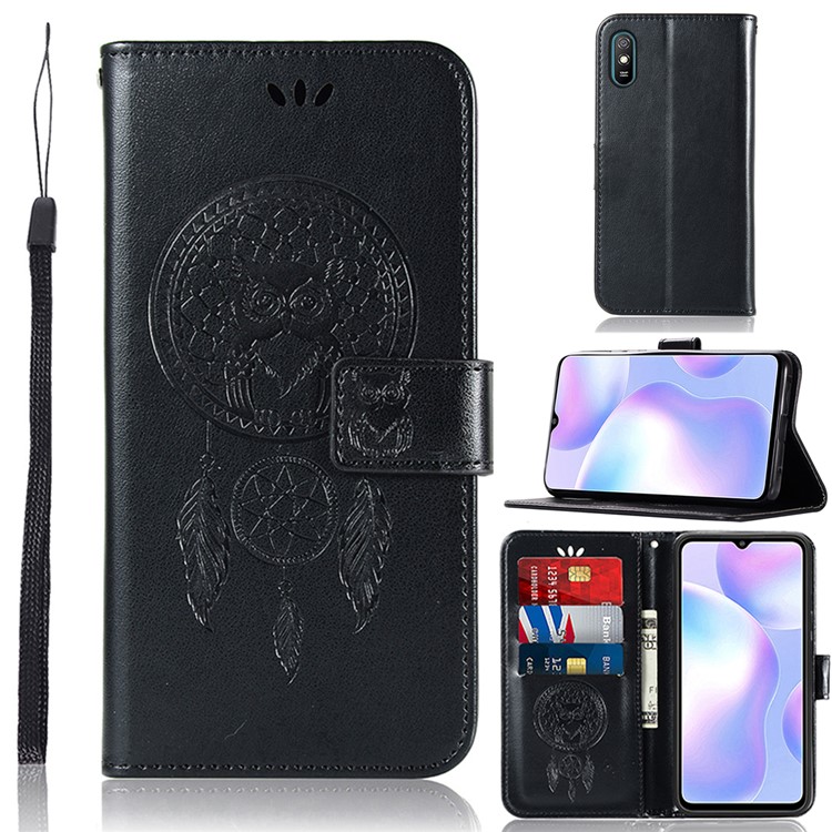 Imprint Dream Catcher Owl Wallet Leather Case for Xiaomi Redmi 9A - Black-1