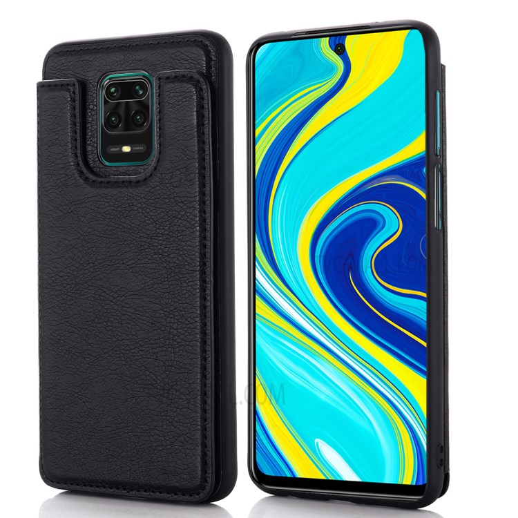 Leather Coated PC + TPU Hybrid Card Holder Shell with Kickstand for Xiaomi Redmi Note 9S - Black-1