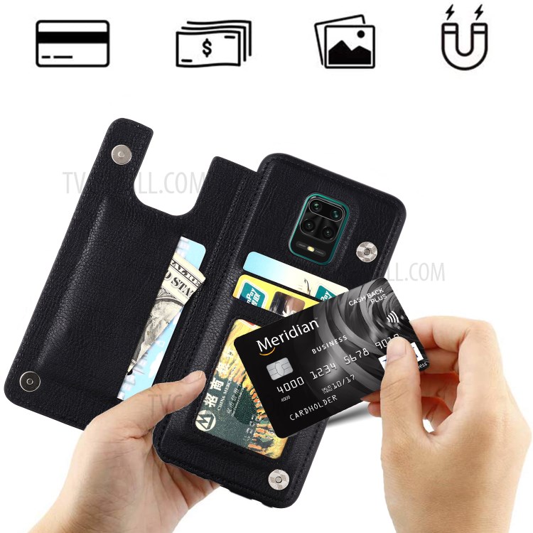 Leather Coated PC + TPU Hybrid Card Holder Shell with Kickstand for Xiaomi Redmi Note 9S - Black-12