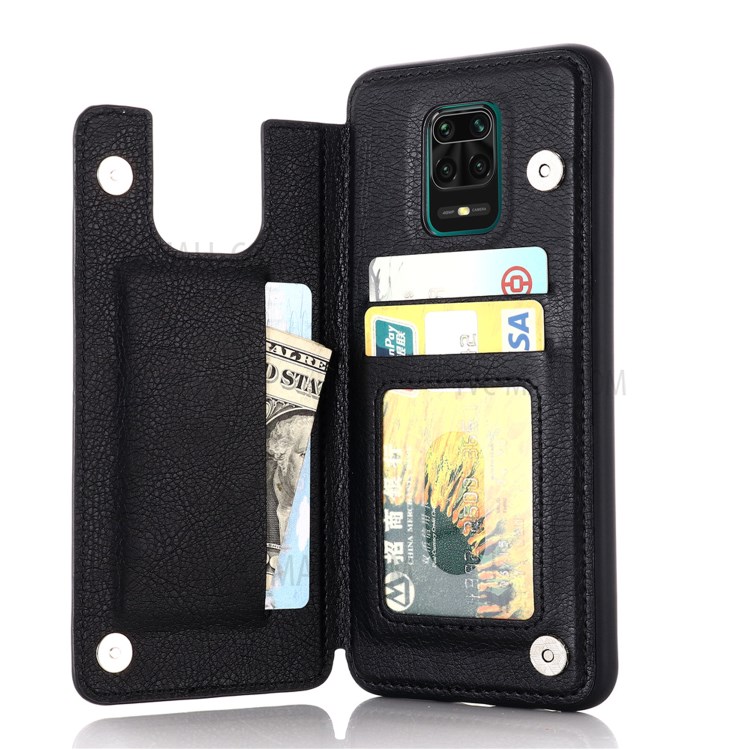 Leather Coated PC + TPU Hybrid Card Holder Shell with Kickstand for Xiaomi Redmi Note 9S - Black-4