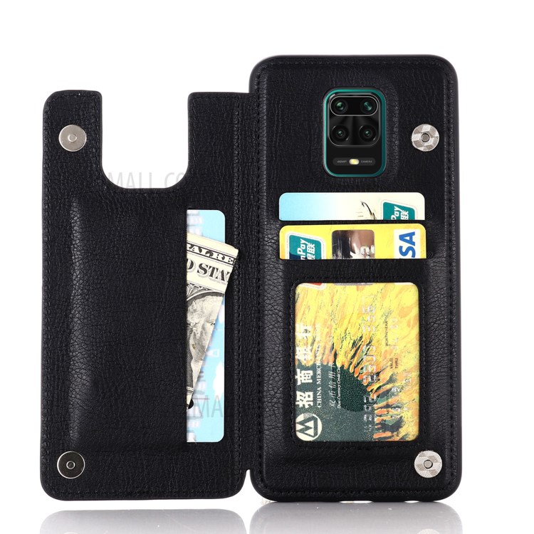 Leather Coated PC + TPU Hybrid Card Holder Shell with Kickstand for Xiaomi Redmi Note 9S - Black-5