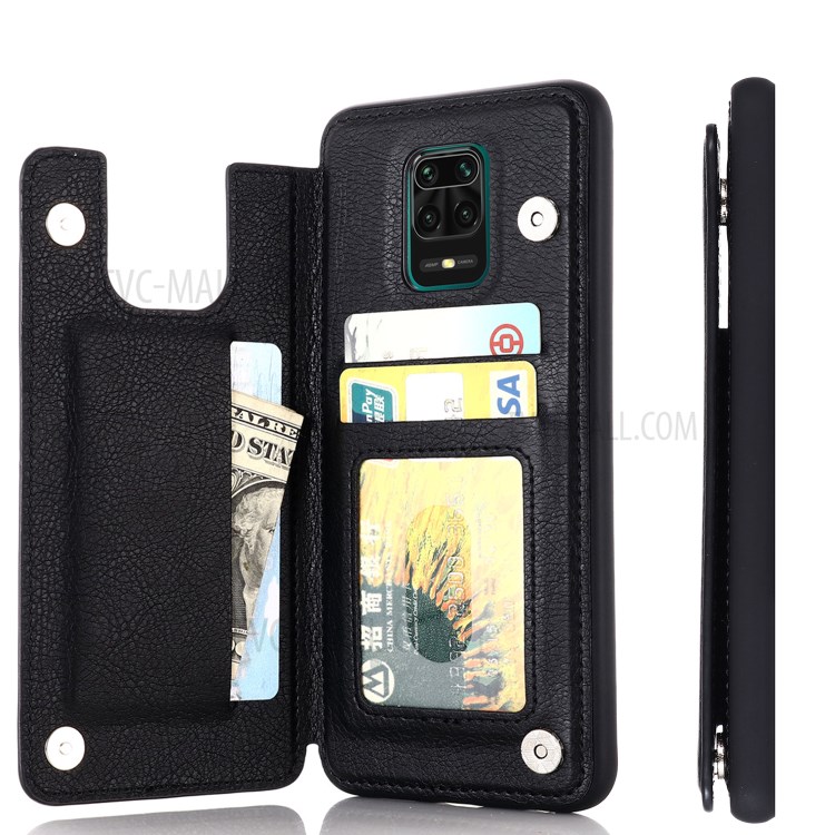 Leather Coated PC + TPU Hybrid Card Holder Shell with Kickstand for Xiaomi Redmi Note 9S - Black-9