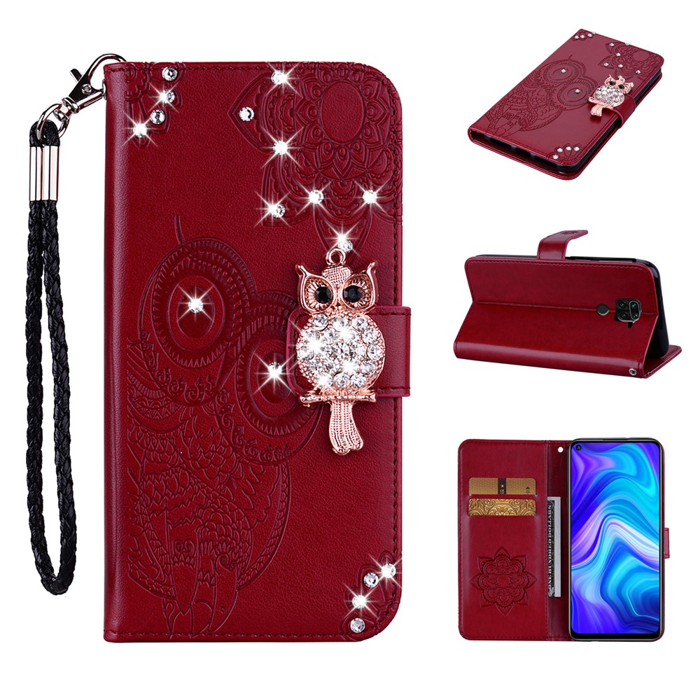 Owl Imprint Rhinestone Decor Leather Phone Case for Xiaomi Redmi Note 9 - Red-1