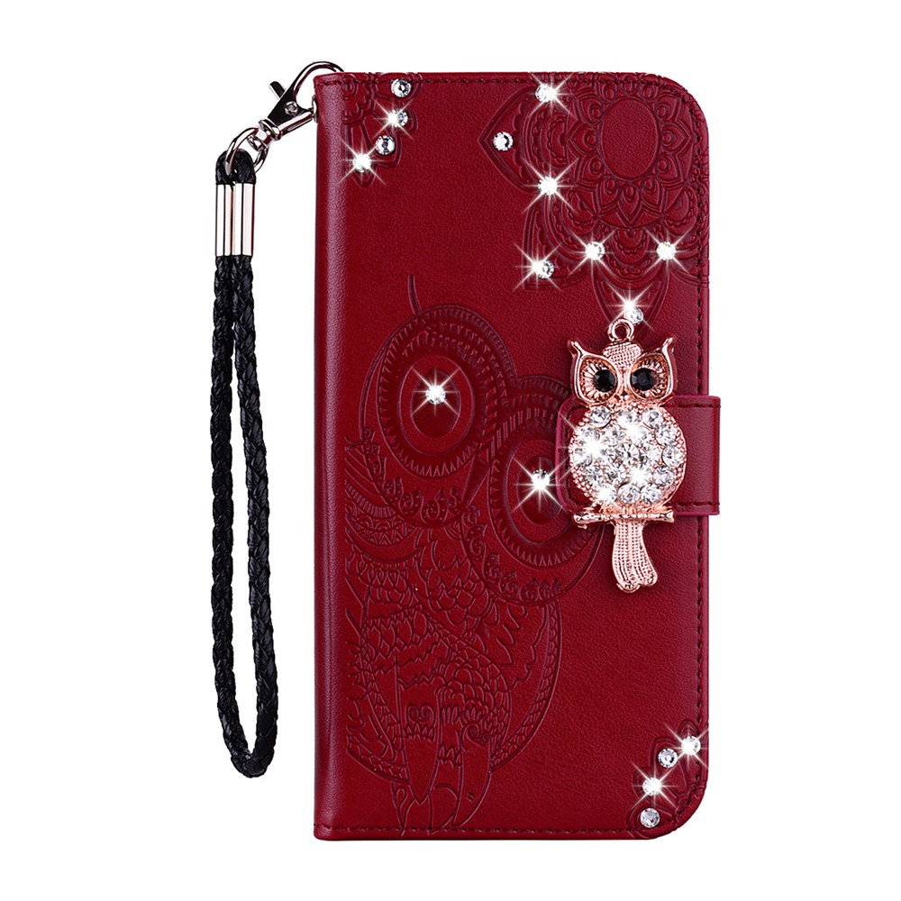 Owl Imprint Rhinestone Decor Leather Phone Case for Xiaomi Redmi Note 9 - Red-2