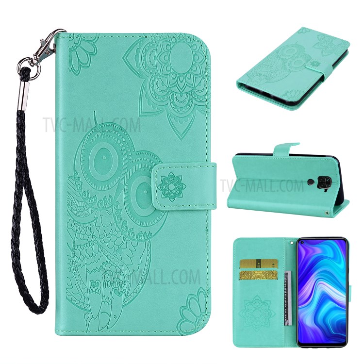 Imprint Owl Flower Leather Wallet Stand Shell for Xiaomi Redmi Note 9 - Cyan-1