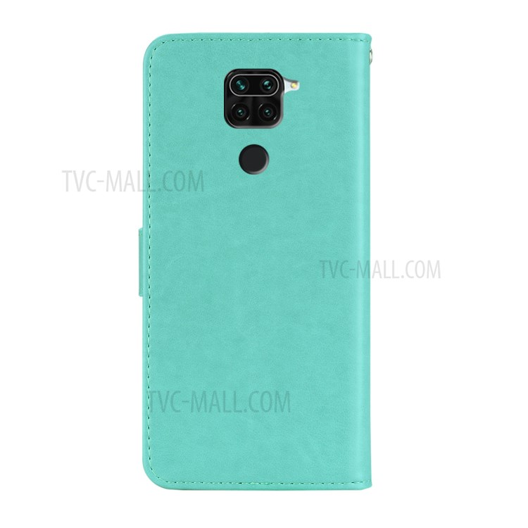 Imprint Owl Flower Leather Wallet Stand Shell for Xiaomi Redmi Note 9 - Cyan-4