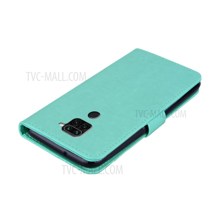 Imprint Owl Flower Leather Wallet Stand Shell for Xiaomi Redmi Note 9 - Cyan-5