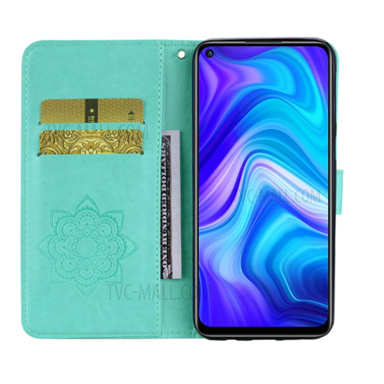 Imprint Owl Flower Leather Wallet Stand Shell for Xiaomi Redmi Note 9 - Cyan-7