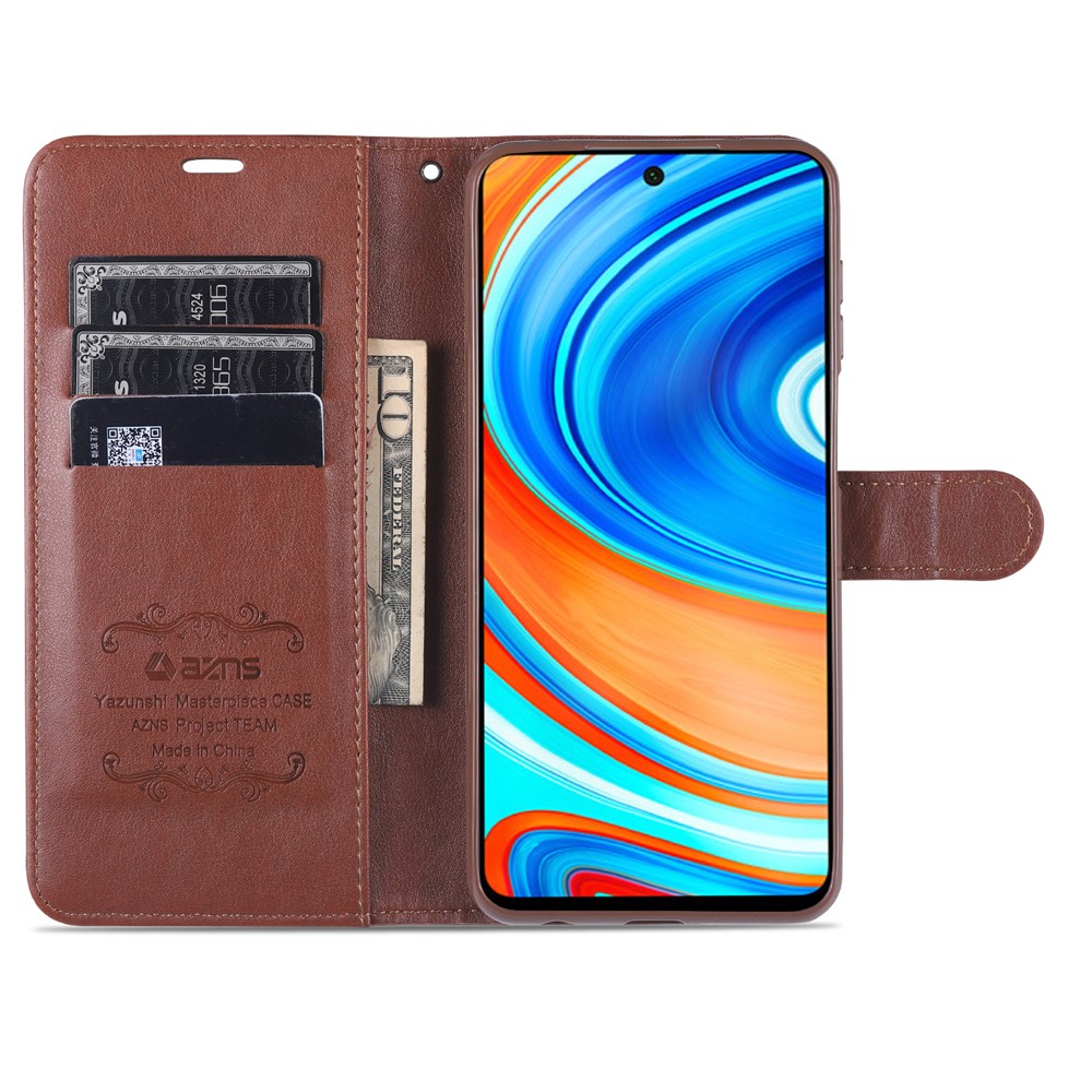 AZNS PU Leather Wallet Case for Xiaomi Redmi Note 9S/Redmi Note 9 Pro - Coffee-5