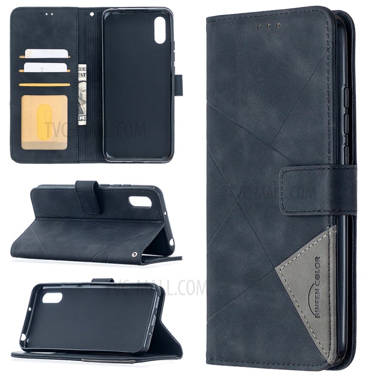 BF05 Geometric Texture Leather Wallet Stand Case for Xiaomi Redmi 9A - Black-1