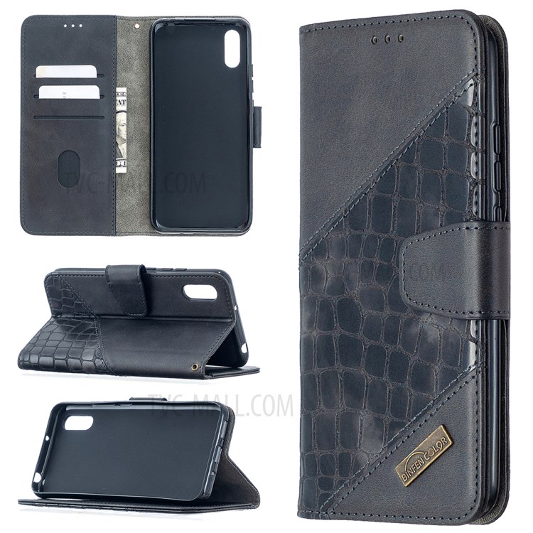 Blocking Color Crocodile Texture Leather Stylish Shell for Xiaomi Redmi 9A - Black-1