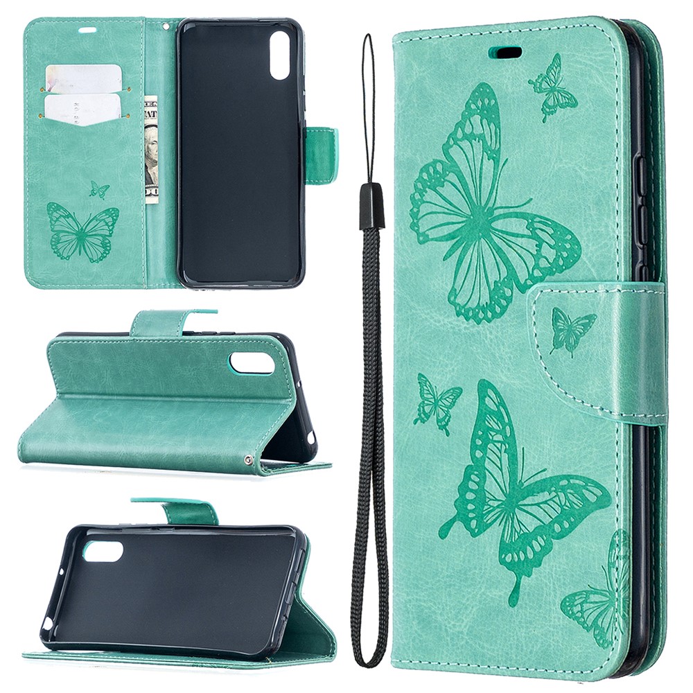 Imprint Butterflies Wallet Stand Flip Leather Phone Casing for Xiaomi Redmi 9A - Green-1