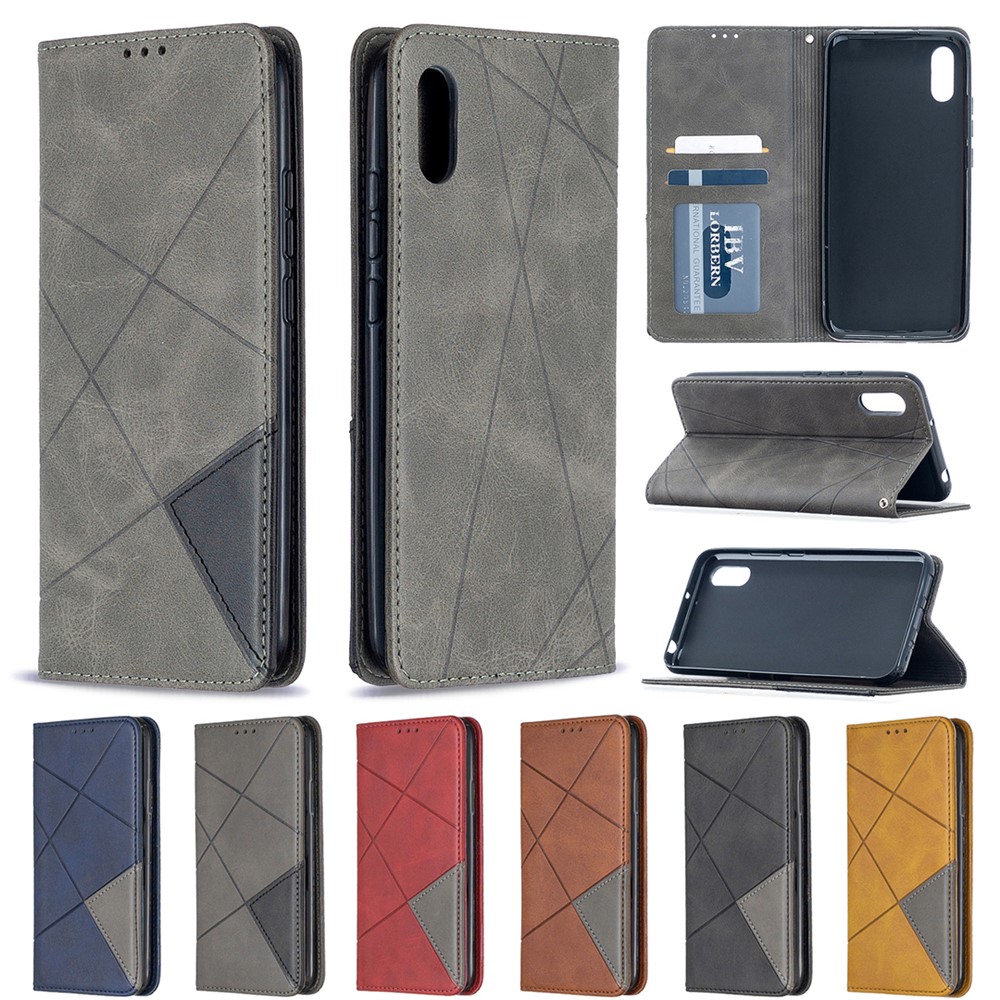 Cuero de Patrón Geométrico Con Listones de Tarjetas Con Carcasa Para Xiaomi Redmi 9a - Gris