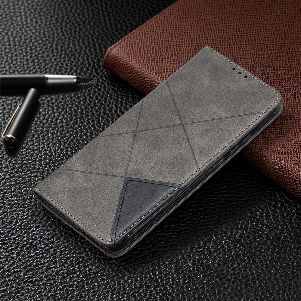 Cuir de Motif Géométrique Avec Coquille de Créneaux de Carte Pour Xiaomi Redmi 9A - Gris