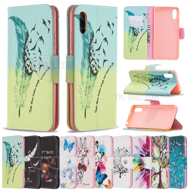 Pattern Printing Magnetic Leather Wallet Stylish Case for Xiaomi Redmi 9A - Feather Pattern-9