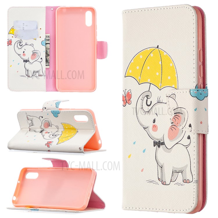 Pattern Printing Wallet Stand Flip Leather Phone Shell for Xiaomi Redmi 9A - Elephant-1