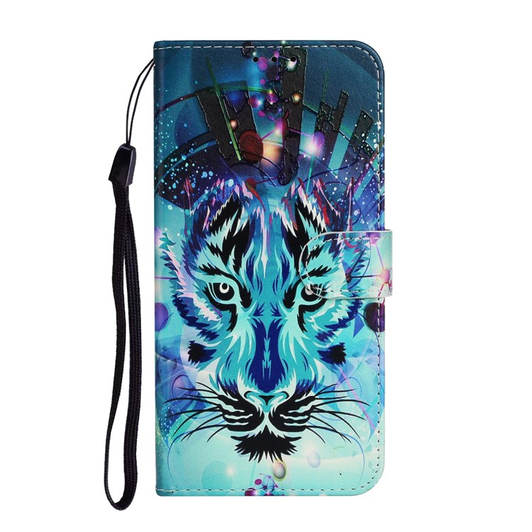 Embossed Patterned Wallet Stand Leather Phone Case with Strap for Xiaomi Redmi 9 - Tiger Face-3