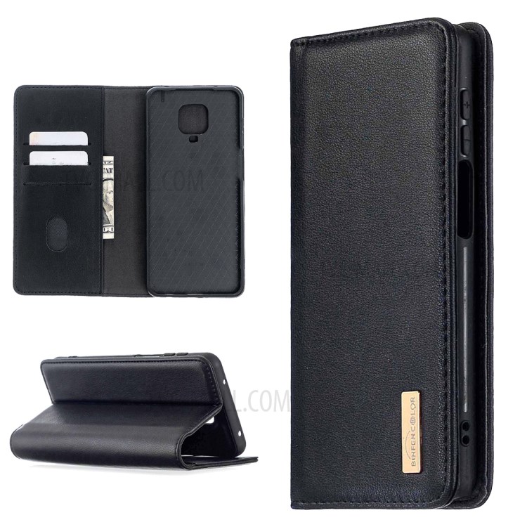 Detachable 2-in-1 Genuine Leather Wallet Stand Case for Xiaomi Redmi Note 9 Pro - Black-1