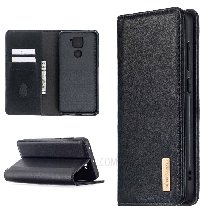 Detachable 2-in-1 Genuine Leather Wallet Stand Case for Xiaomi Redmi Note 9 - Black-1