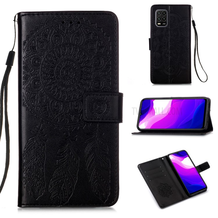 Imprint Dream Catcher Flower PU Leather Cover for Xiaomi Mi 10 Lite 5G - Black-1